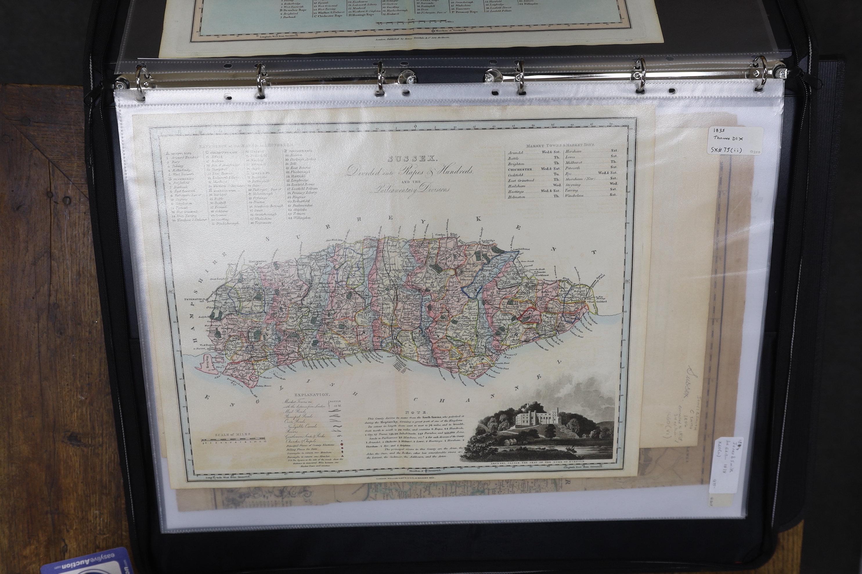 Two folders containing thirty-four 19th century maps of Sussex and Brighton, including; seven LBSCR railway related maps, two Brighton town plans, together with a variety of other Sussex maps